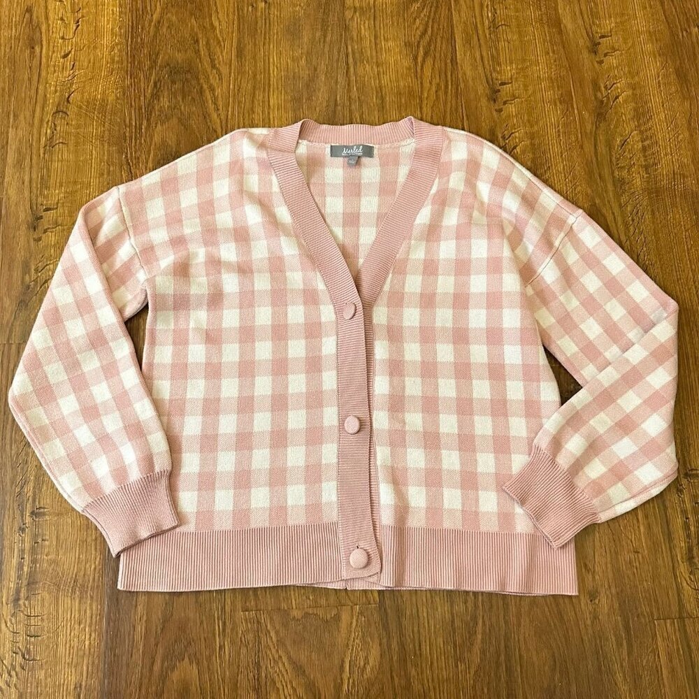 Marled pink gingham sweater cardigan